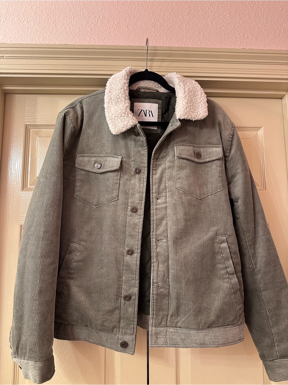 ZARA Men's Gray Corduroy Jacket with White Sherpa Collar